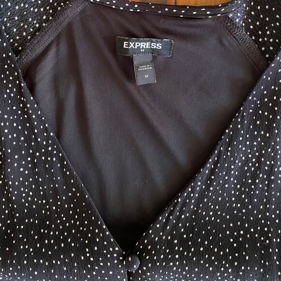 Express V-Neck Front Button Midi Dress Black White Spot Romantic Flutter Sleeve - Picture 7 of 12